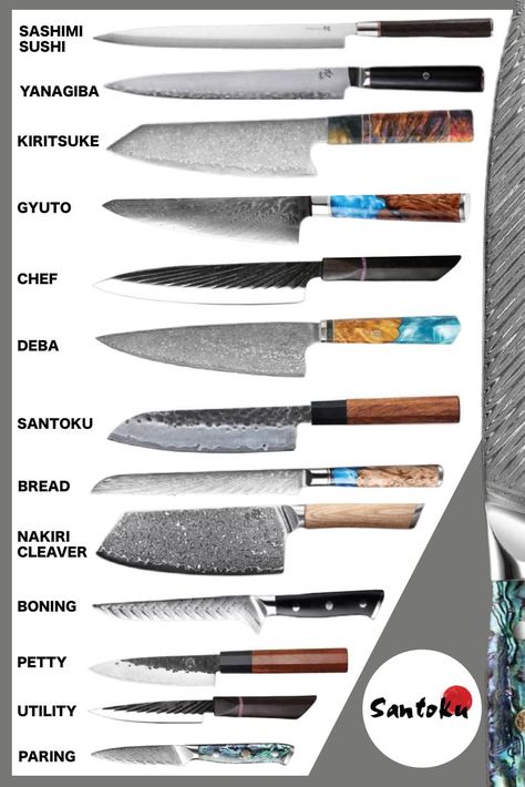 A chart showing the various different Japanese chef knife styles available from santokuknives.co.uk Japanese Chef Knife, Forging Knives, Knife Template, Chef Styles, Best Kitchen Knives, Knife Patterns, Japanese Kitchen Knives, Unique Knives, Japanese Chef