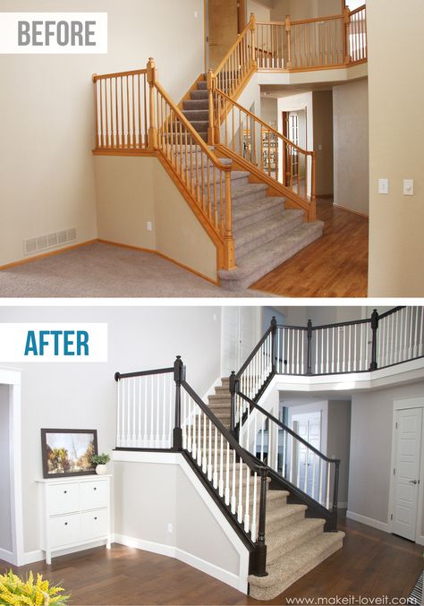 DIY: How to Stain and Paint an OAK Banister, Spindles, and Newel Posts (the shortcut method...no sanding needed!) |via Make It and Love It Paint Stained Wood, Oak Banister, Wood Railings For Stairs, Diy Stair Railing, Stairs Renovation, Stairs Makeover, Staircase Remodel, Staircase Makeover, Staircase Railings