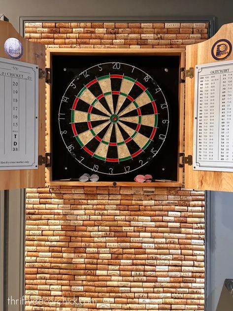 How To Build a DIY Wine Cork Wall Around a Dartboard Dart Board Wall Cork, Wine Cork Wall, Diy Basement Bar, Cork Dartboard, Dart Board Wall, Basement Kitchenette, Cork Projects, Thrifty Diy, Thrifty Decor Chick