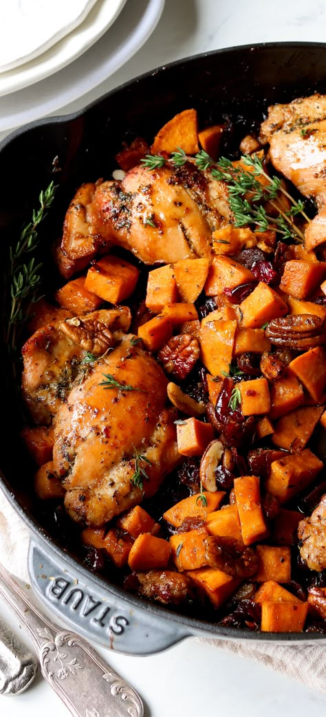 Chicken and Sweet Potatoes Skillet Cider Pork Chops, Fall Chicken Recipes, Chicken And Sweet Potatoes, Apple Cider Pork Chops, Potatoes Skillet, Potato Skillet, Sweet Potato Skillet, Creamy Chicken Pasta, Yummy Fall Recipes