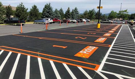 What to Consider When You Paint Parking Lot Areas Concrete Home Interior, Driveway Pavement, Car Park Design, Parking Lot Striping, Parking Lot Painting, Road Lines, Yellow Cars, Car Charging Stations, Road Markings