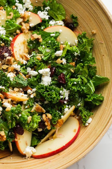 A perfect holiday salad full of fresh kale, crisp apples, toasted walnuts, maple vinaigrette and crumbled feta cheese! Hearty and delicious! Kale Walnut Salad, Thanksgiving Kale Salad, Kale Fall Salad, Kale Feta Salad, Harvest Kale Salad, Cranberry Kale Salad, Fall Kale Salad, Kale Salad With Apples, Kale Apple Salad