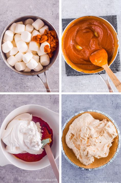 No-Bake Pumpkin Marshmallow Pie Pumpkin Pie Marshmallows, Pumpkin Pie With Marshmallows, No Bake Marshmallow Pumpkin Pie, Pumpkin Marshmallow Pie, Marshmallow Pie Recipe, Marshmallow Pumpkin Pie, Marshmallow Pie, Chocolate Angel Food Cake, Pumpkin Marshmallow