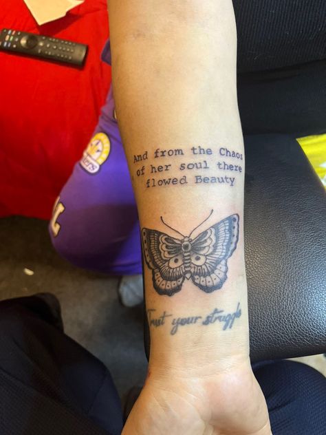 Comfort In The Chaos Tattoo, Beauty In Chaos Tattoo, It Was Her Chaos That Made Her Beautiful Tattoo, Chaos Quote Tattoo, Beautiful Chaos Tattoo, Mental Health Butterflies Tatoos Ideas, Chaos Tattoo, Beauty Tattoos, I Tattoo