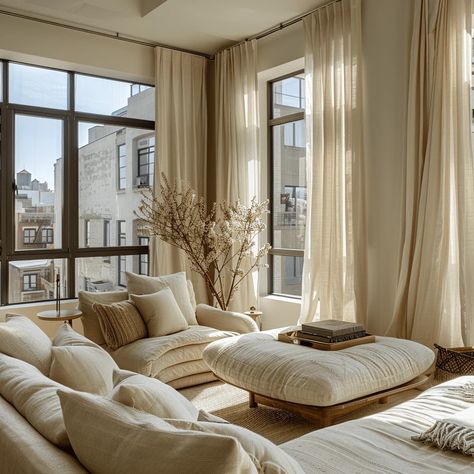 Living Room Big Windows, Sleek Armchair, Nyc Chelsea, Windows Curtains, Color Palette Living Room, Mid Century Minimalist, Modern Moroccan, Big Windows, Window Room