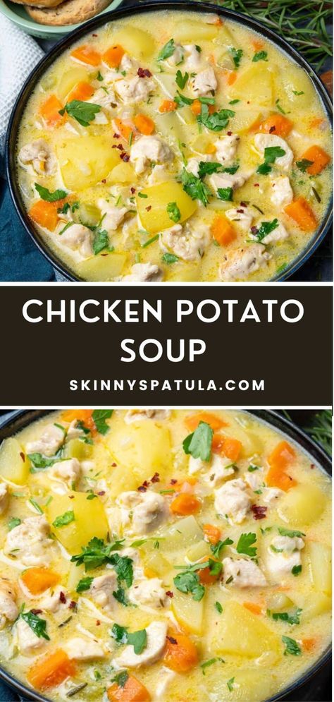 Chicken Potato Soup – Skinny Spatula Clean Chicken Soup Recipes, Chicken Potato Spinach Recipes, Crockpot Potato Soup With Chicken, Chicken Noodle Soup Potato, Chicken Potato Rice Soup, Clean Food Crush Chicken Pot Pie Soup, Soups And Stews With Chicken, Boneless Chicken Thigh Soup Recipe, Shredded Chicken Vegetable Soup