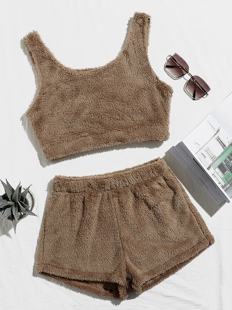 Fluffy Knit Flannel Tank Top With Shorts Lounge Set Pjamamas Aesthetic, Fluffy Sleepwear, Fluffy Outfits, Fluffy Pjs, Fluffy Shorts, Fluffy Top, Top With Shorts, Fluffy Knit, Looks Pinterest