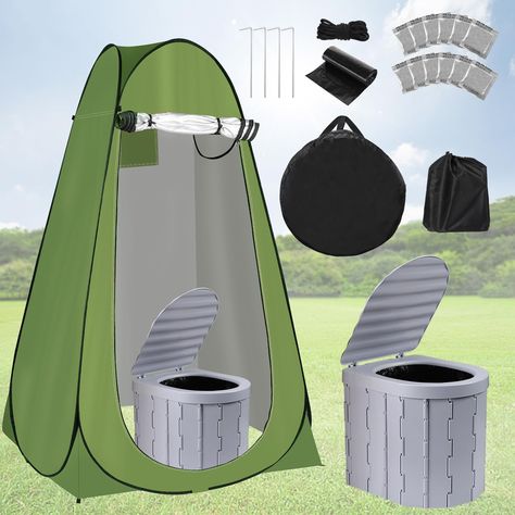 PRICES MAY VARY. COMPREHENSIVE PACKAGE 💚 Inside Biggun portable toilet tent kit, you'll receive a pop-up privacy tent with 4 long metal stakes and tethers for fixing, a portable folding toilet with seat & lid, 2 storage bags, 2 instruction manuals (one for the tent and one for the toilet), and essential accessories, including 12 liquid waste gel chemicals, 12 garbage bags, making the camping toilet cleanup a breeze. EXCELLENT PRIVACY PROTECTION 💚 The portable bathroom tent is made of 190T oxfo Tent Organization Ideas, Bathroom Changing Room, Camping Potty, Ice Fishing Shelter, Camp Toilet, Outdoor Wine Table, Shopping Ads, Camping Setup, Toilet Tent