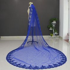 Blue Wedding Dress Royal, Royal Blue Wedding Theme, Sparkle Veil, Veil Color, Embellished Veil, Blue Veil, Ivory Bridal Veil, Long Veil Wedding, Cathedral Bridal Veils