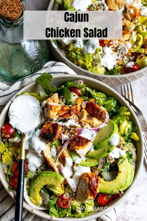 Tender, juicy, cajun chicken salad with a tangy garlic dressing. Spicy, bold flavors that will fill you up and please the pallet.  via @sailor_bailey Simple Cajun Chicken Pasta, Simple Salad With Chicken, Cajun Chicken Salad Recipe, Garlic Chicken Salad, Cajun Salad, Rice Chicken Salad, Bailey Recipes, Clean Salads, Spicy Chicken Salad