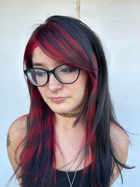 Raccoon tail hair <3 Red Hair With Black Skunk Stripe, Checkered Hair Dye, Raccoon Tale Hair, Red And Black Raccoon Hair, Raccon Tails Hair, Raccoon Highlights Hair, Emo Hair Raccoon Tails, Red Raccoon Stripes Hair, Blue Hair With Raccoon Tail