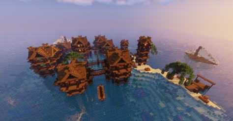 Minecraft Ocean Village (/u/Wulphram) Minecraft Farm Ideas On Water, Minecraft Town On Water, Minecraft Japanese House On Water, Under Water Minecraft Base, Village On Water Minecraft, Minecraft Sea Kingdom, Minecraft City On Water, Floating Village Minecraft, Minecraft Beach Path