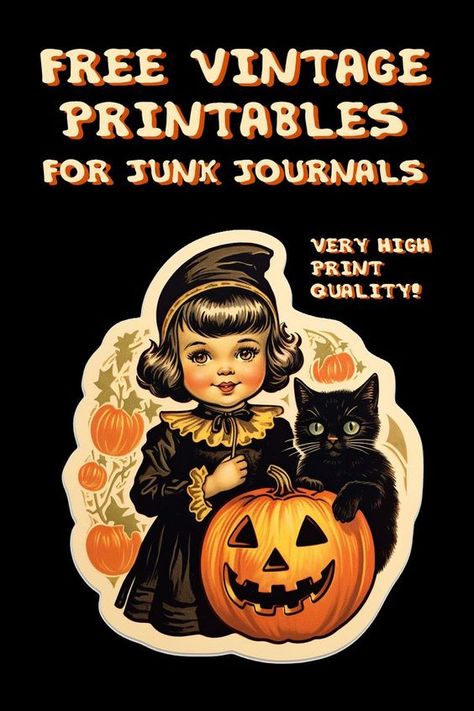 If you like digital vintage printables and ephemera in high quality, you can get them now for free on our website! We offer vintage patterns, cut-outs, cliparts, labels, tags, digital stationery and stickers from all eras! Retro art lovers will love this cute Halloween themed girl with a jack'o'lantern and black cat sticker printable. Ideal for junk journals, scrapbooks, art journals or any kind of crafting! When printed on white sticker paper, this printable transforms into a real sticker! Vintage Halloween Printables, Vintage Halloween Images, Black Cat Sticker, Halloween Paper Crafts, Free Vintage Printables, Diy Halloween Decor, Halloween Cute, Fall Halloween Crafts, Vintage Junk