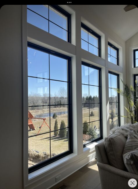 Large Square Window, Living Room Full Of Windows, Picture Window With Grids, Picture Windows Living Room Ideas, Farmhouse With Big Windows, Living Room Windows Large, Living Room Wall Of Windows, Big Living Room Windows, Cottage Panelling