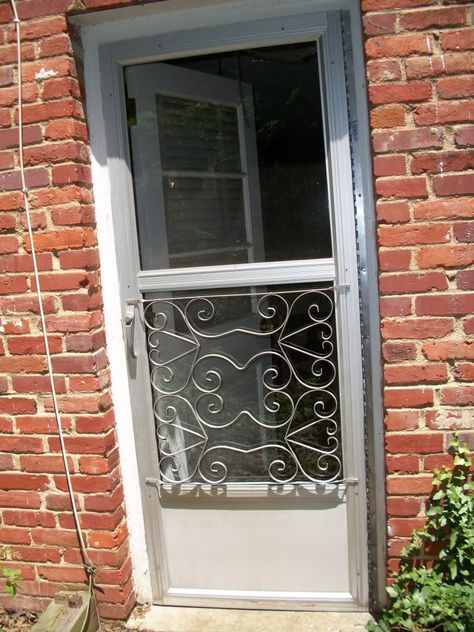 Aluminum Screen Door and Grille Guard - needs a "W" in the middle ♥ Screen Door Protector, Glass Screen Door, Metal Screen Doors, Aluminum Storm Doors, Vintage Screen Doors, Decorative Screen Doors, Aluminum Screen Doors, Door Glass Inserts, Aluminum Screen