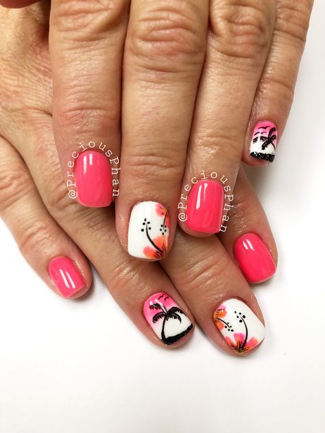 Summer nails. Neon nails. Hibiscus nails. Palm trees. #PreciousPhan Orange Nails With Hibiscus Flowers, Palm Tree And Flamingo Nails, Hawaiian Nails Designs Simple, Nail Designs For Tropical Vacation, Hawaii Dip Nails, Luau Nails Hawaiian, Hibiscus Pedicure, Luau Nails Designs, Hawaii Manicure