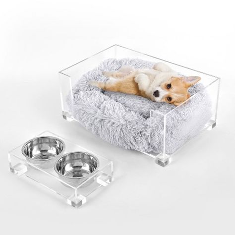 THE LICKER STORE Billie 24" x 15.75" Modern Pet Bed, Washable Cushion and 4" Pet Feeder, 27 oz 2-Stainless Steel Bowls, Light Gray/Clear (Set of 2) Spoiled Dog, Cute Dog Beds, Puppy Room, Elevated Dog Bed, Dog Remedies, Pet Resort, Pet Paradise, Very Cute Puppies, Pet Design