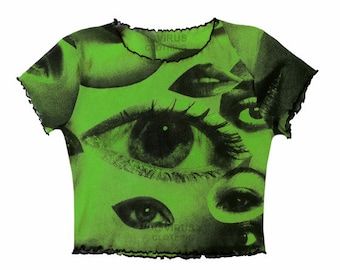 Eye Collage, Surreal Eye, Screen Printed Clothing, Black Mesh Crop Top, Mesh Short, Mesh Crop Top, Short Sleeve Crop Top, Grunge Goth, Hand Screen Printed