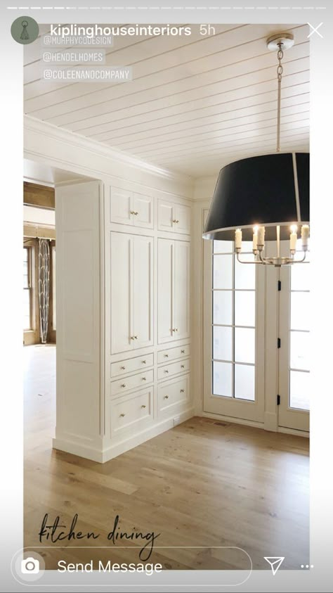 Front Door To Dining Room, Narrow Built In Cabinet, Entry Built In, Cottage Core Entryway, Built In Hallway Storage, Wicker Armoire, Built In Storage Cabinets, Floor To Ceiling Cabinets, Built In Cabinet