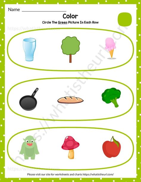 There will be a list of pictures in this worksheet. The kids need to identify the green color and circle them. This worksheet can help to evaluate the skills of students in identifying colors.Please download the PDF Find and circle the green picture – Kindergarten Worksheet Colouring Activities, Green Activities, Fun School, Green Pictures, Color Circle, Color Worksheets, Color Activities, Preschool Worksheets, Kindergarten Worksheets