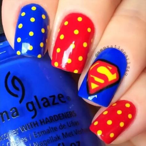 Super Hero Nails, Superman Nails, Superhero Nails, Superman Birthday Party, Superman Party, Superman Symbol, Superman Birthday, Red Nail Designs, Super Nails