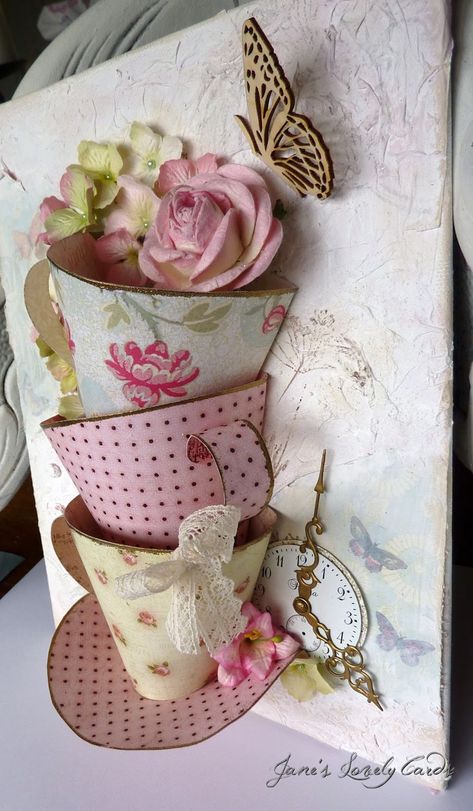 Tea Cup Card, Altered Canvas, Shabby Chic Cards, 3d Cards, Fancy Folds, Beautiful Cards, Pop Up Cards, Mixed Media Canvas, Paper Projects