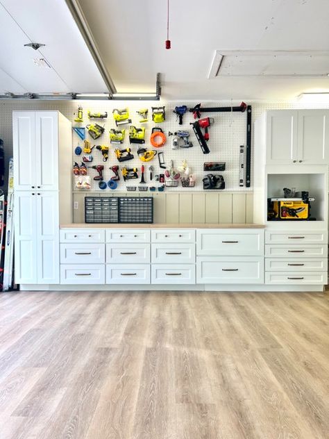 Mallory's Workshop | The Final Reveal! - MALLORY NIKOLAUS Traditional Flooring, Luxury Vinyl Planks, Accessible Beige, Vinyl Planks, Lvp Flooring, Rta Cabinets, Black And White Tiles, Garage Design, Garage Organization