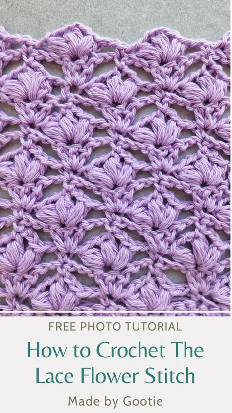 Learn how to crochet the Lace Flower Stitch with this free photo tutorial free pattern. This lace crochet stitch is easy with a beautiful flower motif. #laceflowerstitch #crochetlacystitches #laceflowercrochetstitch #flowerlacecrochetstitch #crochetlacestitches #crochetflorallace Crochet Stitches Flower, How To Read Crochet Patterns, Pretty Crochet Stitches, Crochet Lace Flower, Crochet Lace Scarf Pattern, Crochet Lace Scarf, Flower Stitch, Fall Crochet Patterns, Fall Crochet