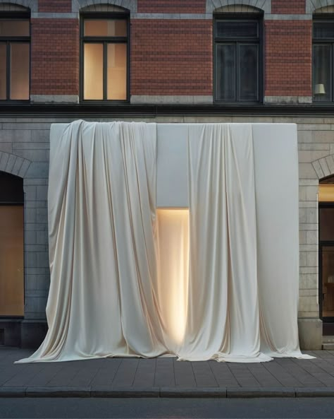 Evocative entrances via @houseofdagmar Wedding Drapery, Draping Wedding, Fabric Installation, White Drapes, Curtain Backdrops, Fabric Backdrop, Salon Design, Art Installation, Stage Design