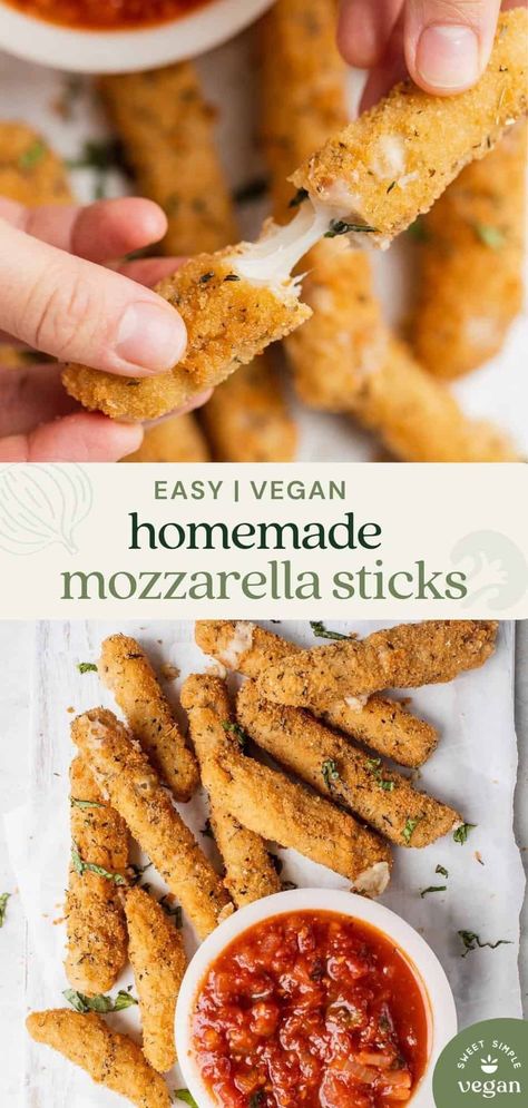 Just like the mozzarella you enjoyed as a kid, except 100% vegan. These sticks are perfect for a party or game day snack. They're soft and melty on the inside, perfectly crunchy on the outside and so dang good paired with marinara sauce. #vegan #mozzarella #sticks #crunchy #stretchy #italian #seasoning #fried #kids #snack #gameday #party #superbowl Vegan Mozzarella Sticks, Vegan Party Snacks, Nora Cooks, Vegan Party Food, Vegan Party, Vegan Cheddar, Vegan Mozzarella, Vegan Kids, Mozzarella Sticks