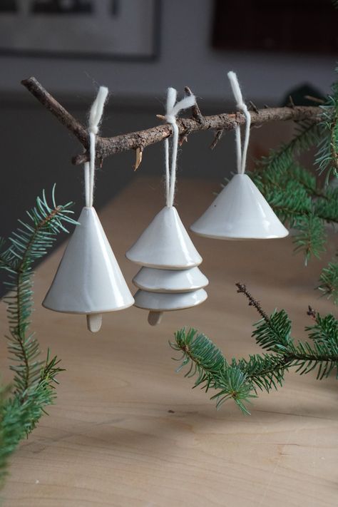 Holiday Bells — pottery to the people Pottery Templates, Holiday Pottery, Ceramic Bells, Wall Tree, Ceramic Christmas Decorations, Pottery Ornaments, Ceramic Bell, Christmas Clay, Clay Crafts Air Dry