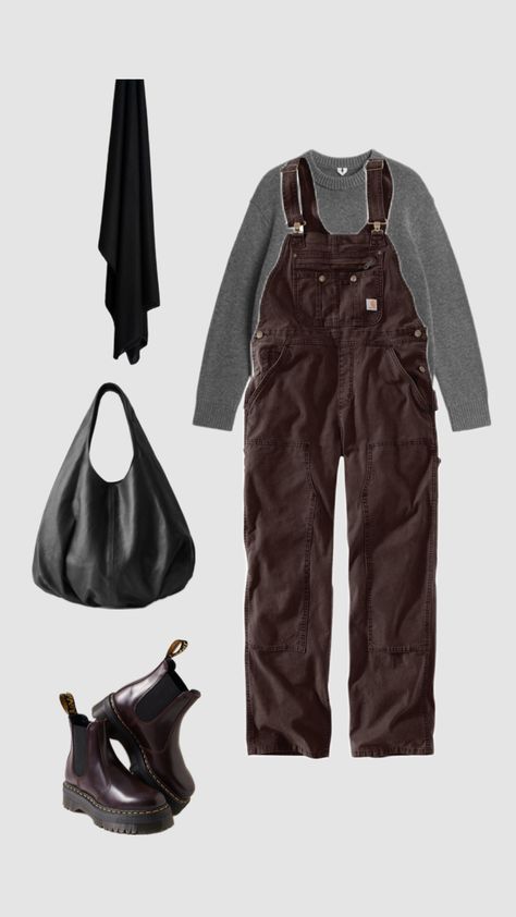 overalls outfit idea for hijabis, modest oufit ideas with overalls and knitwear, casual modest outfit idea, brown carhatt overalls outfit idea, brown doc martens outfit ideas Doc Martens Outfit Ideas, Brown Overalls Outfits, Brown Doc Martens Outfit, Brown Doc Martens, Brown Overalls, Martens Outfit, Doc Martens Outfit, Modest Outfit, Overalls Outfit