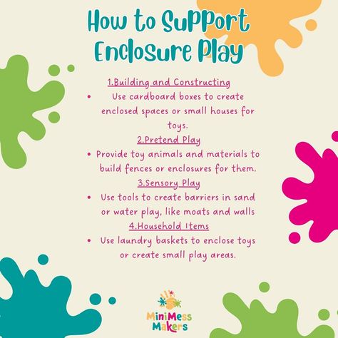 Identifying the enclosure schema in your child’s play is easier than you think! Here are a few tell-tale signs: 1. **Filling Containers:** Your child loves to fill boxes, bags, or any container they can find with toys, sand, or other items. 2. **Wrapping and Covering:** Watch out for times when they enjoy wrapping objects in paper or fabric or covering items with blankets. 3. **Drawing and Building:** They might draw circles or other enclosed shapes or build structures that surround or en... Schema Play, Developmental Milestones Toddlers, Sensory Integration Activities, Play Poster, Playful Learning, Early Childhood Learning, Toddler Stuff, Childcare Activities, Teacher Toolbox