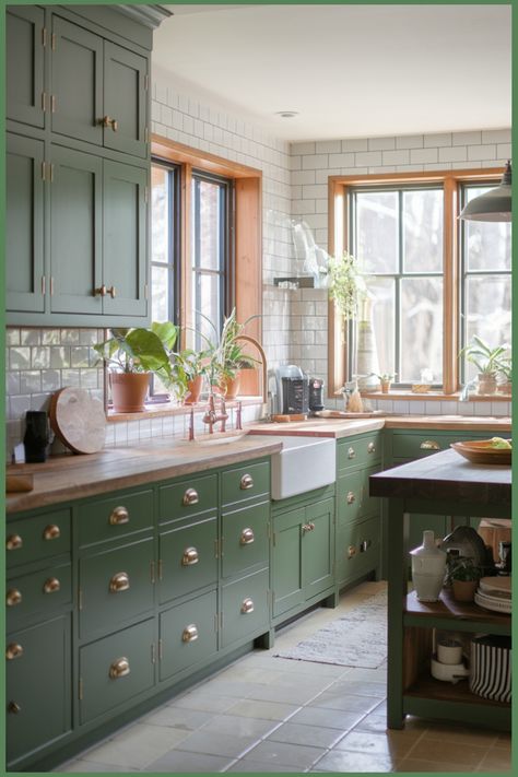 Bright kitchen with green cabinets, wooden countertops, and potted plants on the windowsill. Kitchen Ideas Dark Green Cabinets, Wood Countertops Kitchen Green Cabinets, Forest Green And Wood Kitchen, Forestwood Green Cabinets, Dark Green And Brown Kitchen, Dark Green Kitchen Cabinets With Butcher Block Countertops, Forest Aesthetic Kitchen, Green Kitchen Wood Countertop, Green Cabinets Wood Countertop