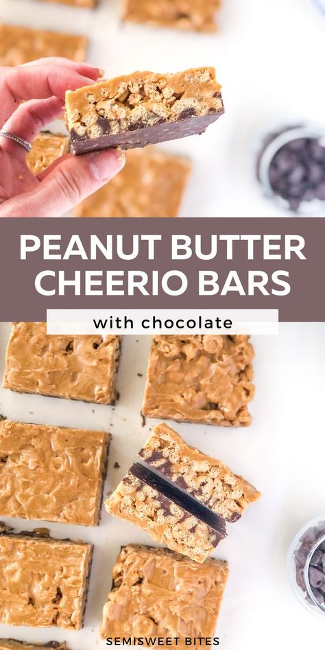 These peanut butter cereal bars with cheerios have a dark chocolate layer and are sweetened with honey for the perfect no bake snack! With just 4 ingredients, you'll love having these easy, healthy cheerio bars on hand. Honey Cheerios Recipes, Cheerio Granola Bars, What To Do With Cheerios, Recipes Using Cheerios, Cherrios Bars Healthy, No Bake Cheerio Bars, Honeynut Cheerio Recipes, Recipes With Multigrain Cheerios, Cheerios Recipes Peanut Butter