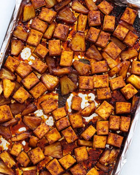 Pineapple Tofu - Justine Doiron Pineapple Tofu, Progressive Dinner Party, Justine Doiron, Chili Garlic Paste, Baked Pineapple, Progressive Dinner, Whole Foods Vegan, Pineapple Pizza, How To Press Tofu