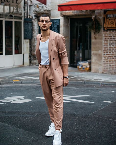 ANDREW on Instagram: “You guys wanted nudes right? Here is a nude suit I am diggin’ 😂😂 📷 @by_elleurakova” Monochrome Suits Men, Zaddy Outfits, Suit And White Sneakers, Suits And Sneakers, 90s Fashion Men, Mens Casual Dress Outfits, Fashion Suits For Men, Mens Fashion Streetwear, Mens Fashion Classy