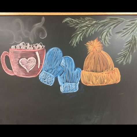 Winter Chalkboard Art Simple, January Chalkboard Calendar Ideas, Winter Chalkboard Ideas Easy, December Chalkboard Calendar Ideas, January Chalkboard Calendar, Winter Chalkboard Ideas, Chalk Art Christmas, Chalkboard Pictures, Chalk Wall Art