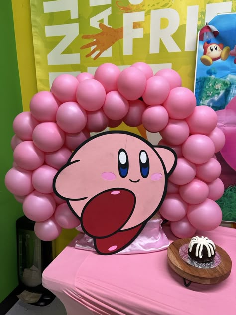 Pink Kirby mini balloon arch - hula hoop Kirby Balloon Garland, Kirby Party Decorations Idea, Kirby Bday Party, Kirby Themed Birthday, Kirby Decorations, Kirby Birthday Party Decorations, Kirby Party Ideas, Kirby Party Decorations, Kirby Birthday Party Ideas