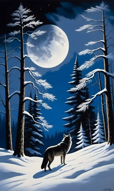 Graphic Drawings, Wolf Artwork, Scenery Paintings, Beautiful Moon, Landscape Scenery, Beautiful Flowers Pictures, Paint Party, Flower Pictures, Winter Scenes