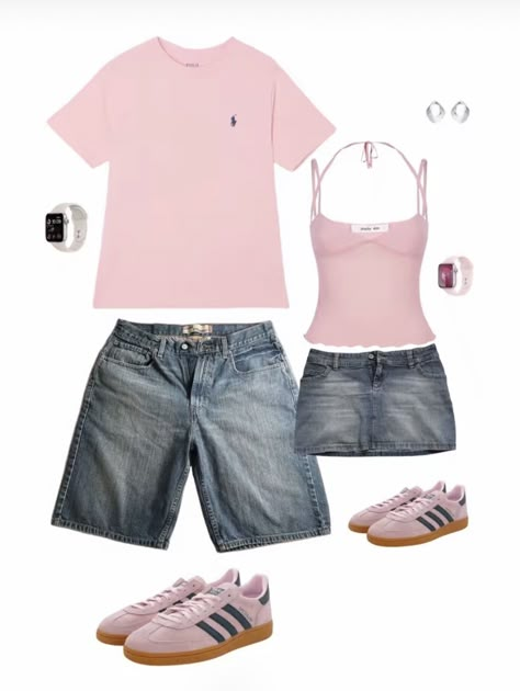 Streetwear Matching Outfit, Matching Couple Outfits Spring, Matching Pink Outfits Couple, Couple Pink Outfits, Color Cordinate Outfit Couple Ideas, Summer Couples Outfits, Pink Couple Outfit, Pink Matching Outfits, Couples Coordinating Outfits