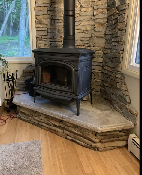 Wood Stove Decor, Wood Burning Stove Corner, Corner Wood Stove, Wood Stove Surround, Stove Decor, Wood Stove Hearth, Wood Stove Wall, Wood Burning Stoves Living Room, Cabin Fireplace