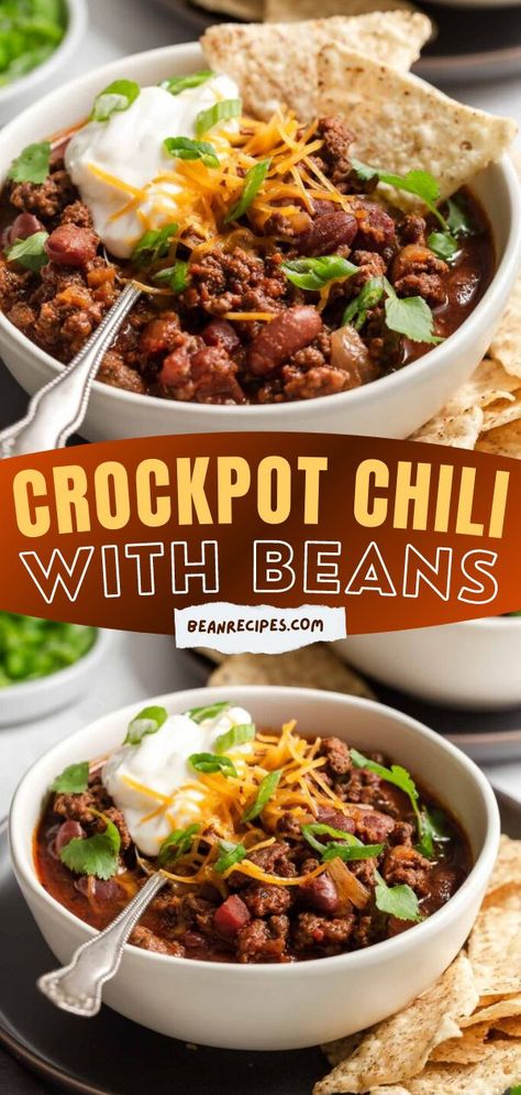 This Crockpot Chili with Beans is a simple dinner idea with the right amount of ground beef, spices and beans. The flavors in this slow cooker recipe is in perfect balance. It's the best dinner recipe for tonight! Chili Recipe With Beans, Different Chili Recipe, Recipe With Beans, Beef Spices, Crockpot Chili Recipe, Easy Bean Recipes, Chili With Beans, Recipes With Kidney Beans, Beans In Crockpot