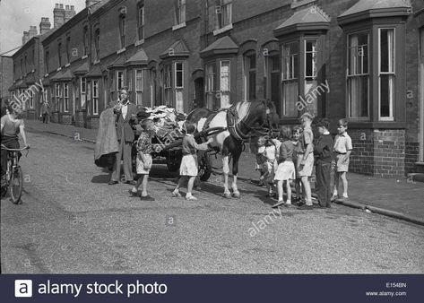 Rag and Bone man with horse and cart surrounded by children in street Birmingham West Midlands Uk 1950s Britain Stock Photo I can't remember a horse but I can't remember a van either! I was too interested in the knick knack I was going to get if mum found something for him! Movies Mystery, Margaret Rutherford, City Of Birmingham, Jane Marple, Detective Novels, Hercule Poirot, Miss Marple, Birmingham Uk, Birmingham City