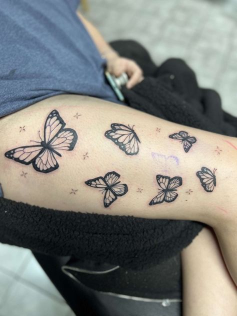 Thigh Tattoos Butterfly, Butterflys Up Leg Tattoo, Butterfly Fill In Tattoo, Butterfly Lower Leg Tattoo, Side Thigh Butterfly Tattoo, Butterfly Tattoo Thigh For Women, Butterfly Leg Sleeve Tattoo, Butterflies Leg Tattoo, Upper Thigh Butterfly Tattoo