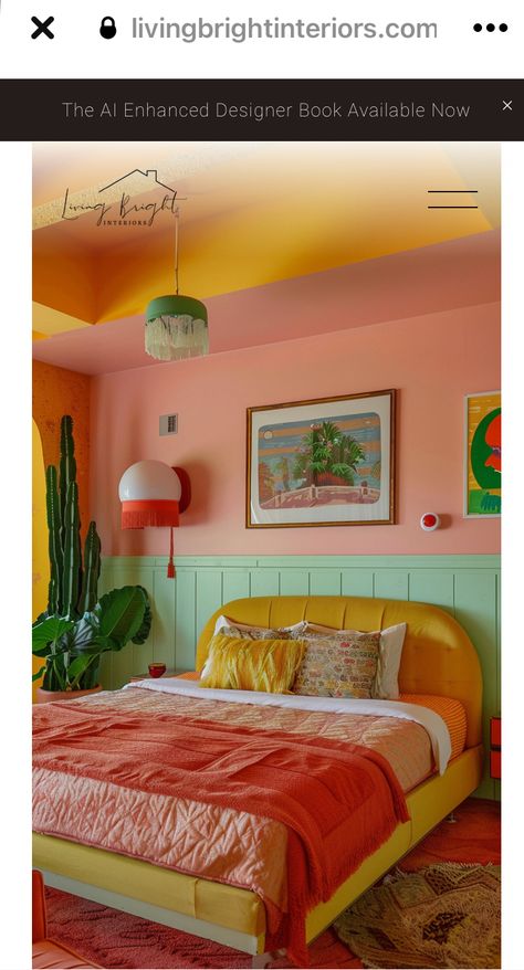 Statement Wall In Bedroom, Bedroom Inspirations Bright, Colourful Bedroom Inspirations, Bright Maximalist Decor Bedroom, Paint Wall Bedroom, Colorful Accent Wall Ideas, Queer Bedrooms, Wallpaper Room Bedrooms, Color Saturated Room