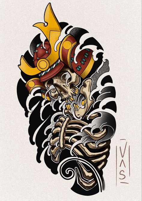 Neotraditional Japanese Tattoo Design, Neotraditional Skeleton Tattoo, Japanese Reaper Tattoo, Samurai Skeleton Tattoo, Colored Japanese Tattoo, Japanese Neotraditional Tattoo, Japanese Skeleton Tattoo, Japanese Skull Tattoo Design, Japanese Leg Tattoo Design