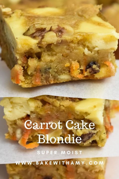 When carrot cake meets blondies, your ultimate Easter dessert is born. They're incredibly rich and chewy and are topped with some decadent cream cheese swirls. Easy Carrot Cake Bars Recipe, Carrot Cake Blondies Recipe, Carrot Cake Brownie Bars, Carrot Cake Bars With Baby Food, Sheet Pan Carrot Cake Bars, Carrot Cake Cheesecake Bars, Carrot Cake Bars, Carrot Cake Cheesecake, Make Cream Cheese