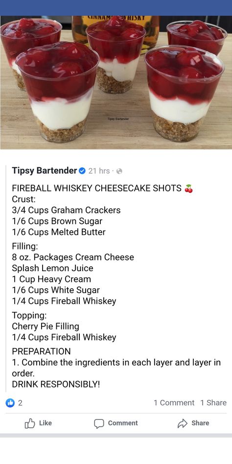 Fireball Cheesecake Shots, Cherry Fireball Jello Shots, Pumpkin Fireball Trifles, Fireball Whiskey Cheesecake Shots, Fireball Rumchata Shots, Rumchata And Fireball Recipes, Fireball Whiskey, Tipsy Bartender, Cherry Pie Filling