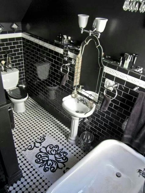 22 Dramatic Gothic Bathroom Designs Ideas | DigsDigs Styl Goth, Gothic Bathroom, Black And White Tile, Goth House, Glam Bathroom, Creative Tile, Dark Bathrooms, Goth Home Decor, Goth Home